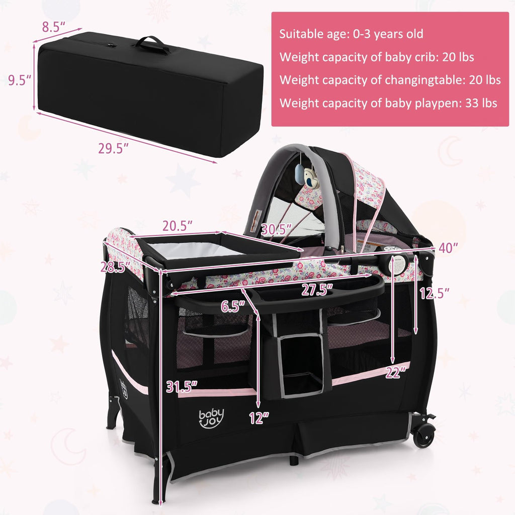 4 in 1 Play Yard, Portable Baby Playard with Bassinet & Flip-Away Changing Table, Canopy, Portable Bedside
