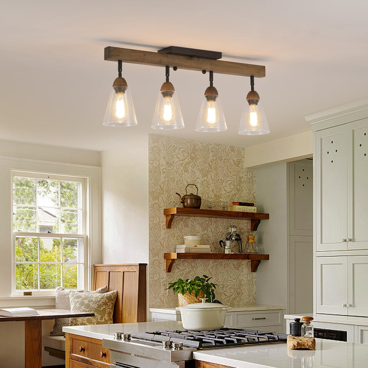 4-Light Large Rustic Farmhouse Wood Flush Mount Ceiling Light Fixture Clear Seeded Glass Shade and Oak Wood Track