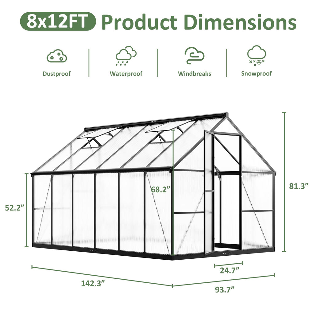 8×12 FT Walk-in Polycarbonate Greenhouse for Outdoor