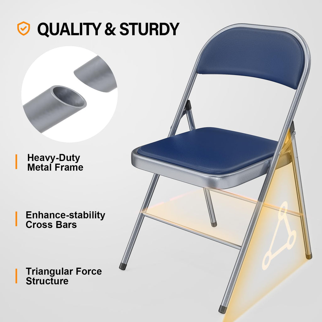 1 Pack Folding Chairs with Padded Seats, Metal Frame with Pu Leather Seat & Back, Capacity 350 lbs, Set of 1, Blue