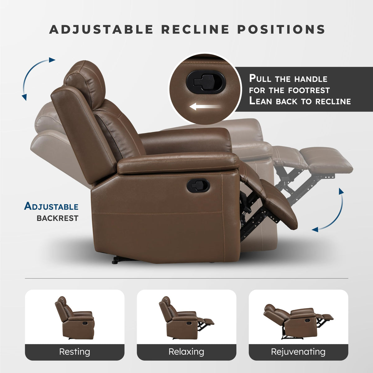 Top Grain Leather Match Manual Double Reclining Loveseat with Storage Console, Wall Hugger, Cup Holders, Power