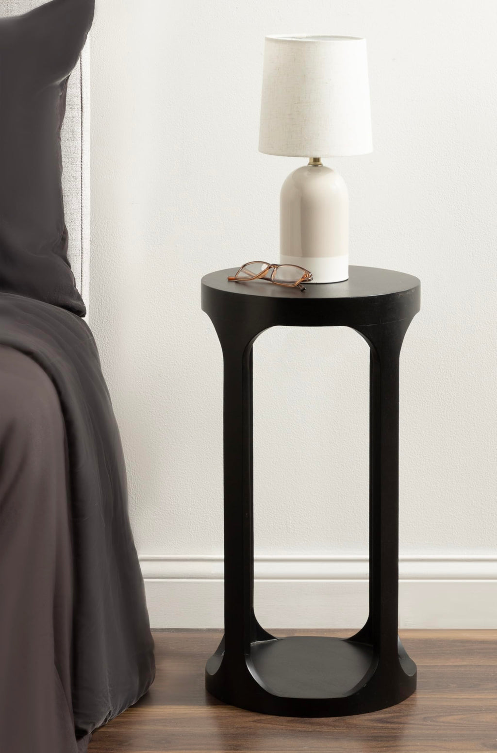 Inspired Saarinen Style Dahl Modern Slatted Wooden Round Drink Table; 12 x 23; Black; Transitional Wood Accent Pedestal Table for Use as