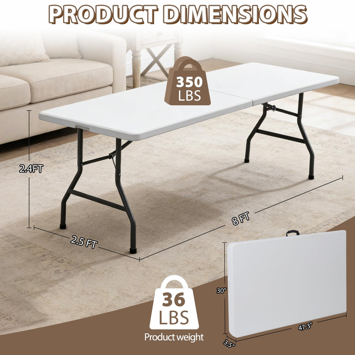 8FT Folding Picnic Table for Indoor Outdoor, Portable Fold-in-Half Plastic Dining Camping Party Table with Carrying
