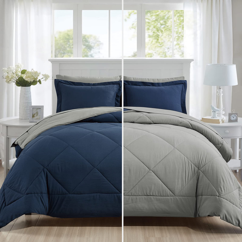 Comforter Bed Set, 7-Piece Reversible Bed in a Bag, Navy and Gray