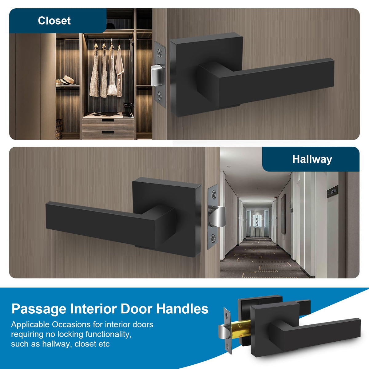 Passage Door Lever, 8 Pack Matte Black Interior Door Handles and Closet, Heavy Duty Square Interior Keyless Door