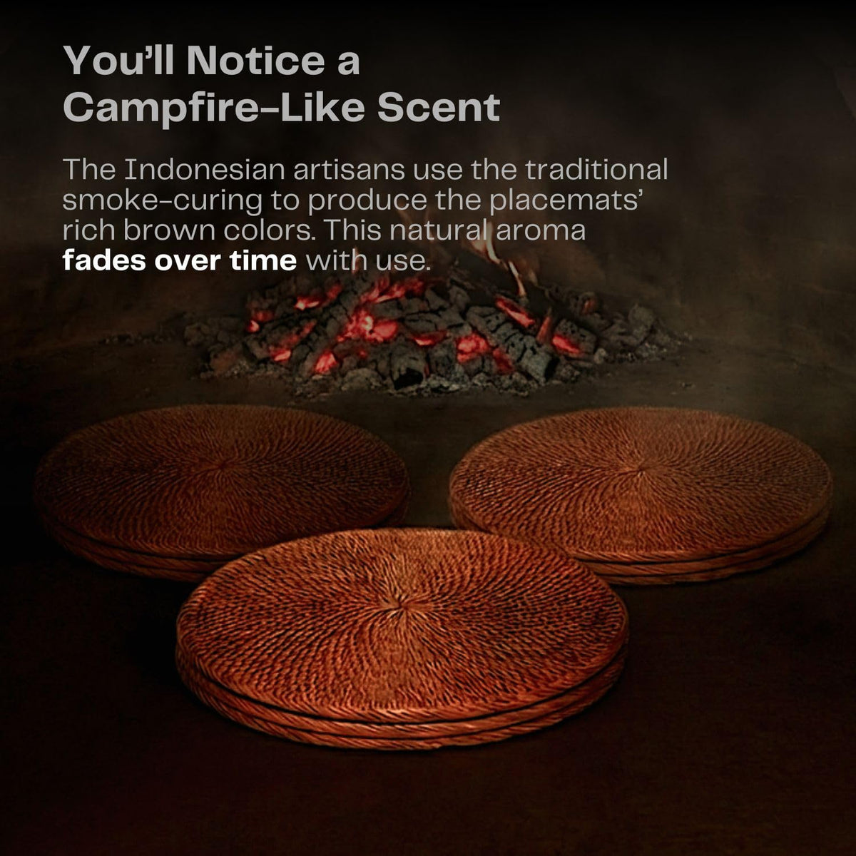 6-Pack Rattan Placemats - 13-inch Round Placemats (Smoky Brown) - Smoked-Cured Woven Place Mats, Round Table Mats