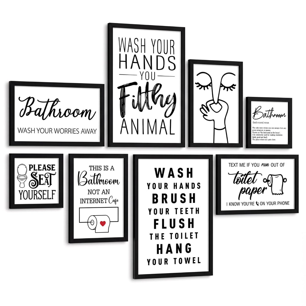 8 Set Bathroom Wall Decor Funny Blaclk and White