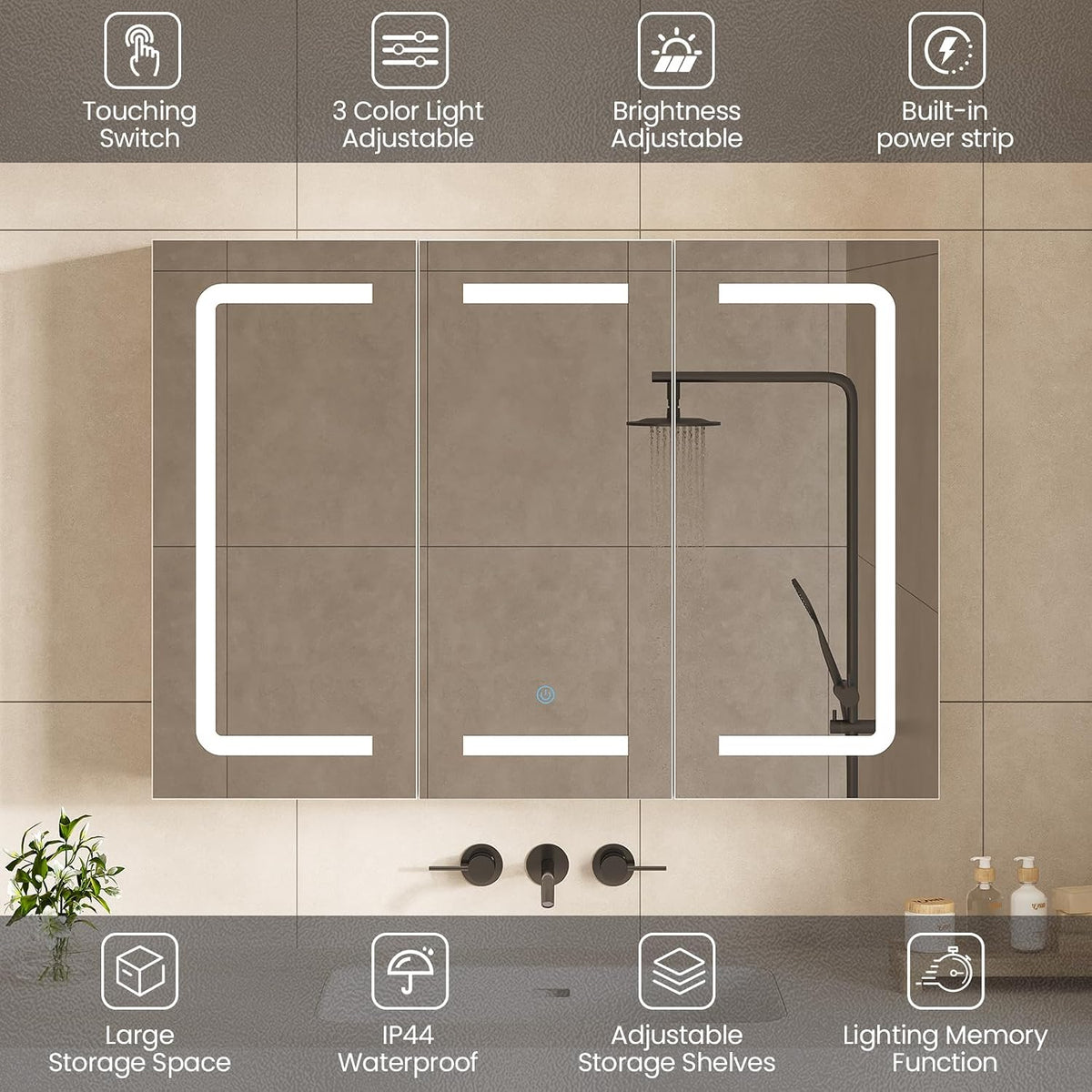 Medicine Cabinet Organizer with Mirror, Lighted Bathroom Medicine Cabinet with Storage, 3 Doors Bathroom Wall Cabinet