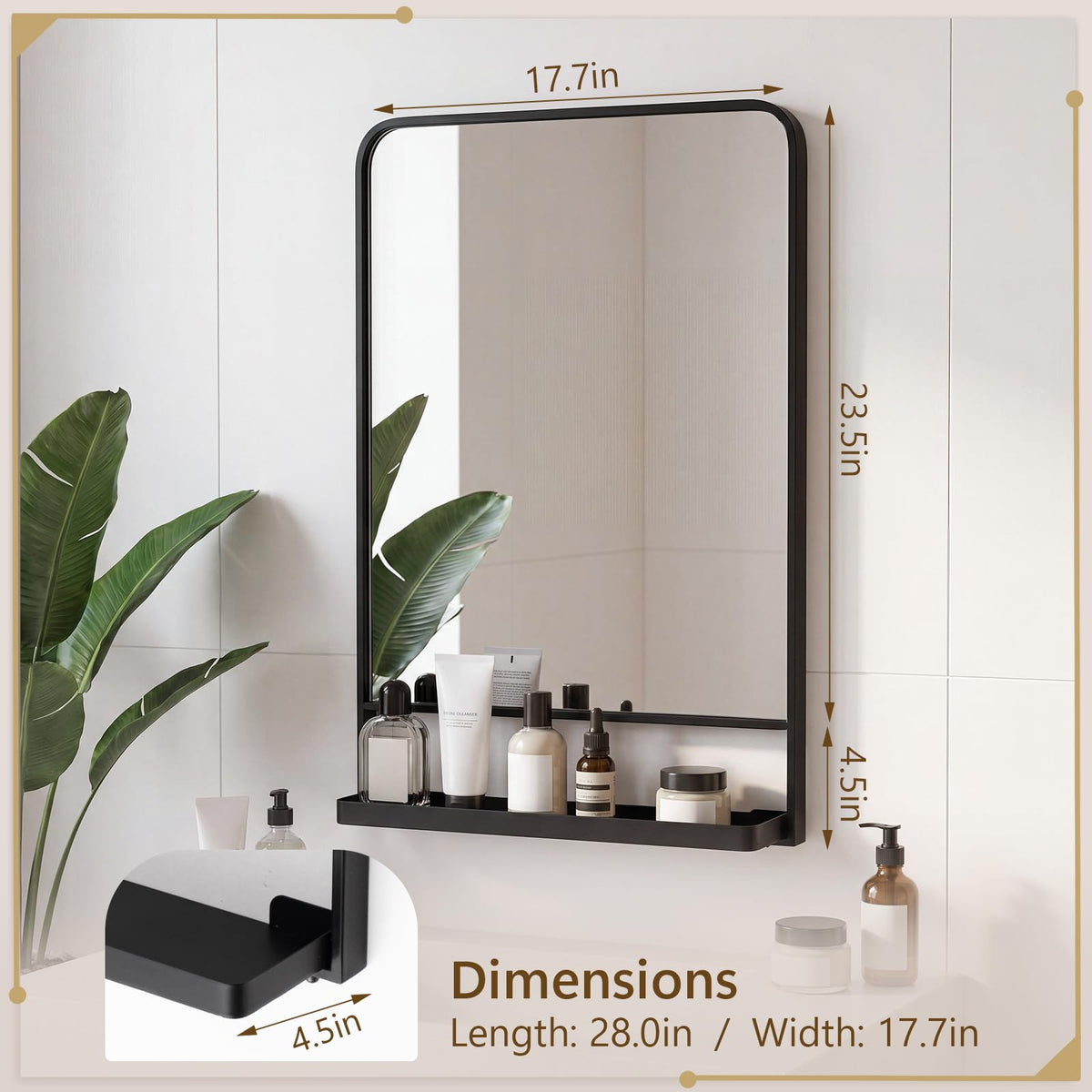 28x18 Inch Bathroom Mirror with Shelf, Black Metal Frame, 2 in 1