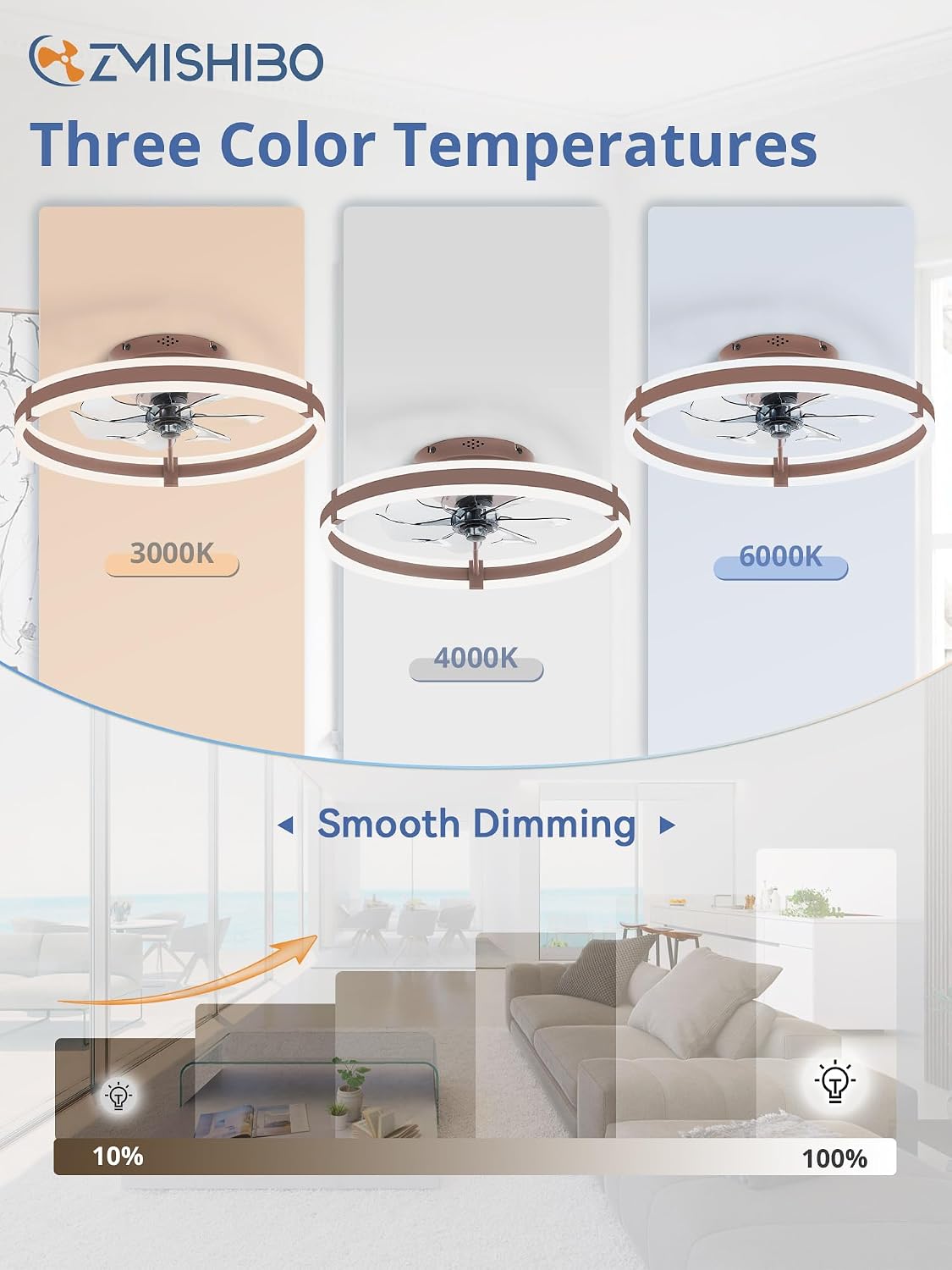 19.7" Brown Flush Mount Chandelier Ceiling Fan with Light & Remote