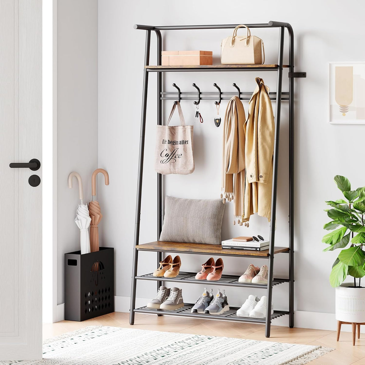 Entryway Hall Tree with 5 Hooks, Shoe Bench & Storage Shelf, Coat Rack Organizer with Wood Accents and Metal Frame