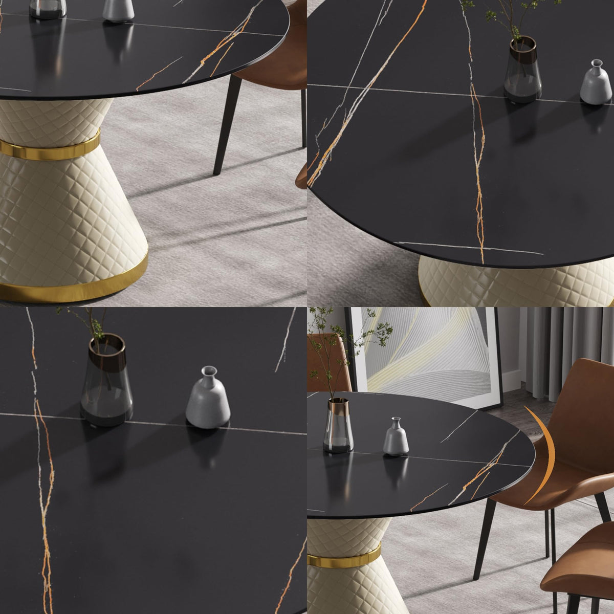 53.15" Round Dining Table, Mid Century Modern Dining Table with PU Base for 6-8 Person, Dining Room Table