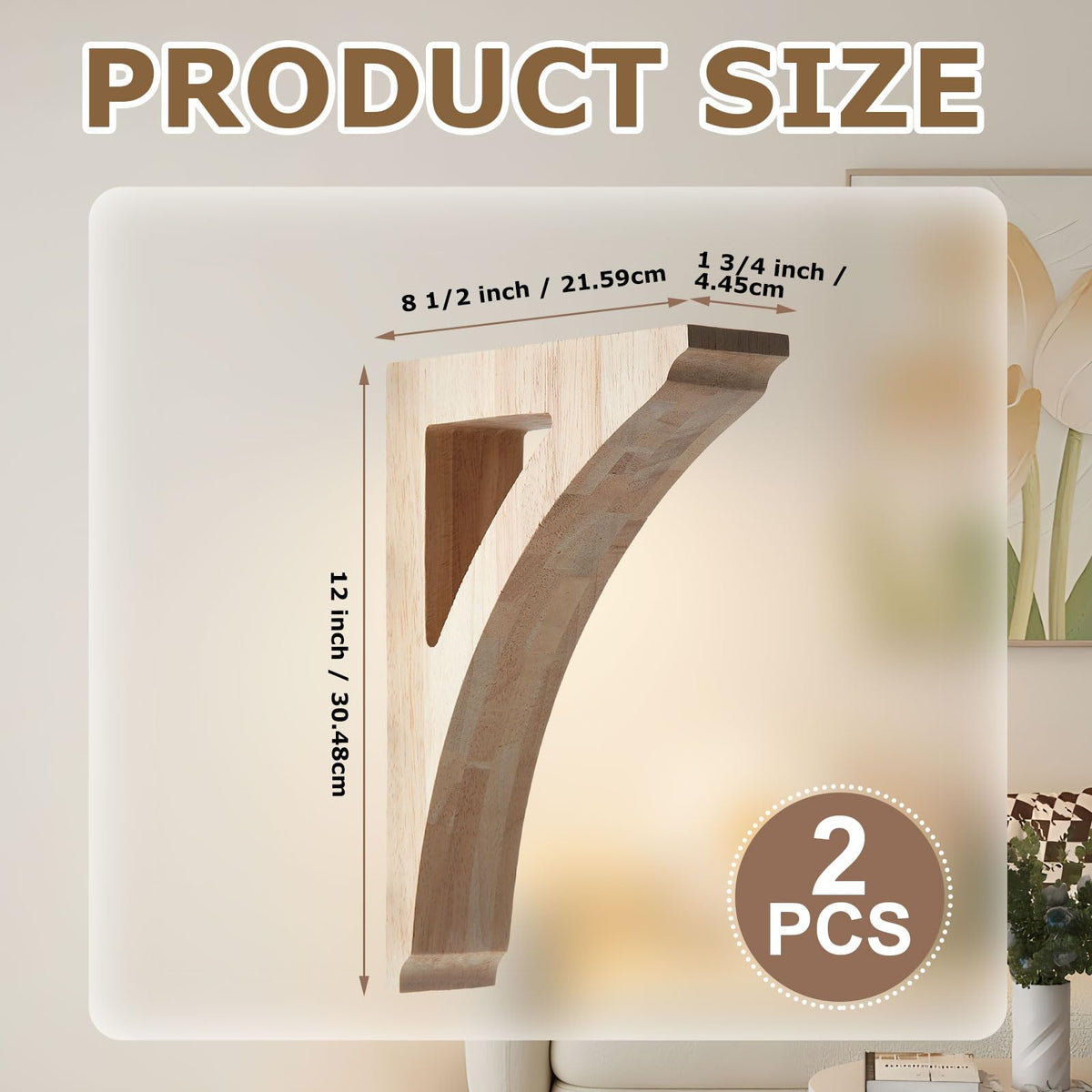 2 Pcs Wood Corbels, 1-3/4" x 8-1/2" x 12" Wooden Shelf Brackets