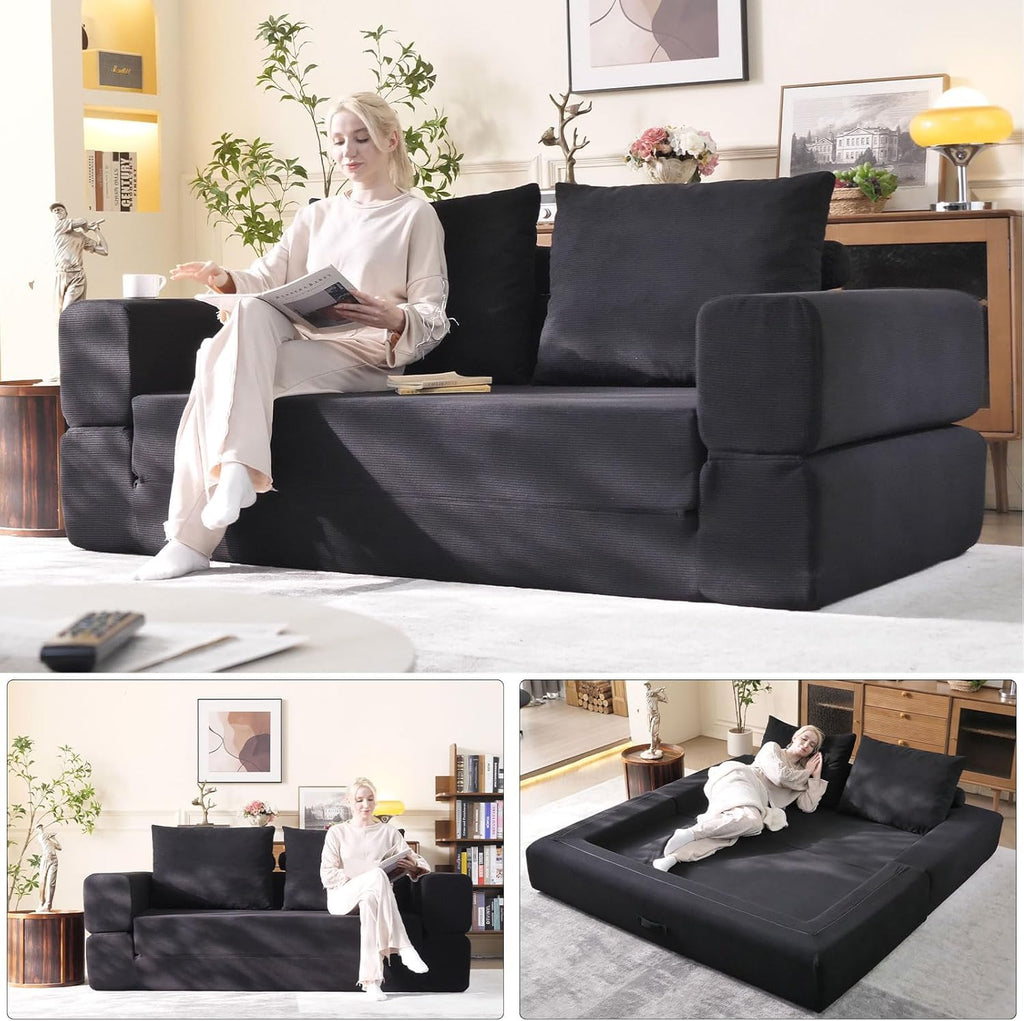 79'' Convertible Sleeper Sofa Bed, 3-in-1 Foldable Floor Couch with Corduroy Upholstery, No Assembly Loveseat, Light