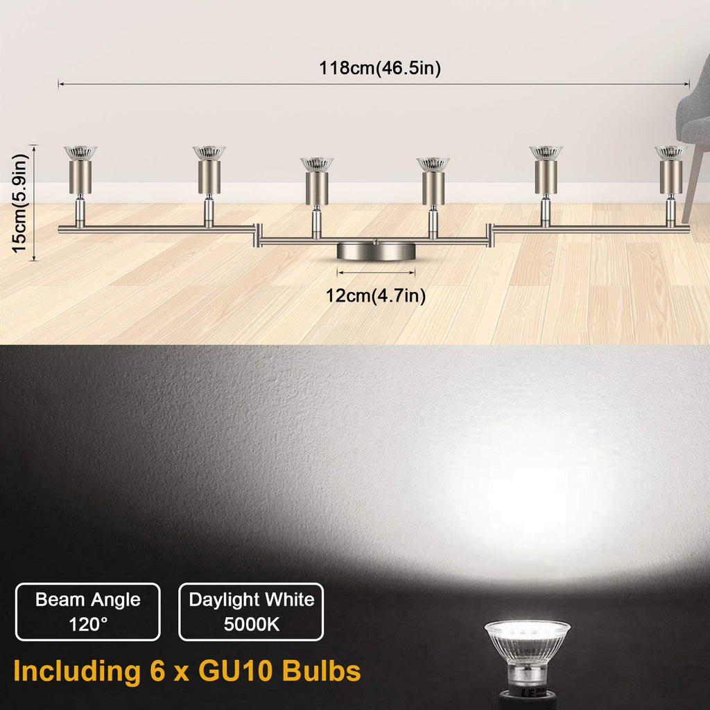 LED Track Lighting Kit, Flexibly Rotatable Light Heads, 6 Way Ceiling Spotlight Matt Nickel Finish, Including