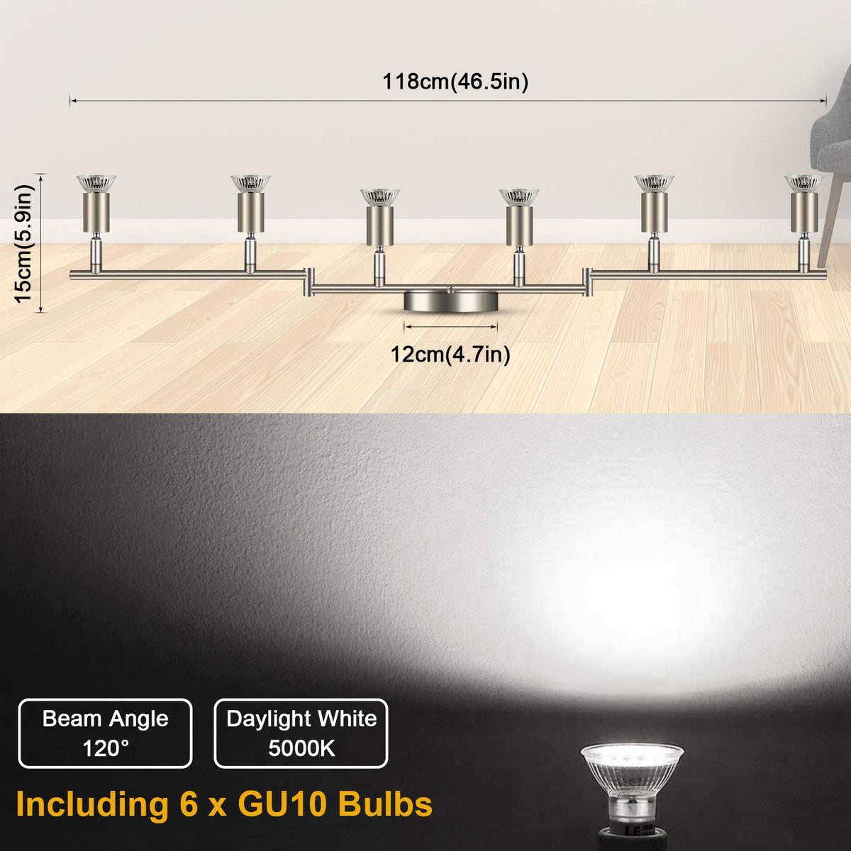 LED Track Lighting Kit, Flexibly Rotatable Light Heads, 6 Way Ceiling Spotlight Matt Nickel Finish, Including