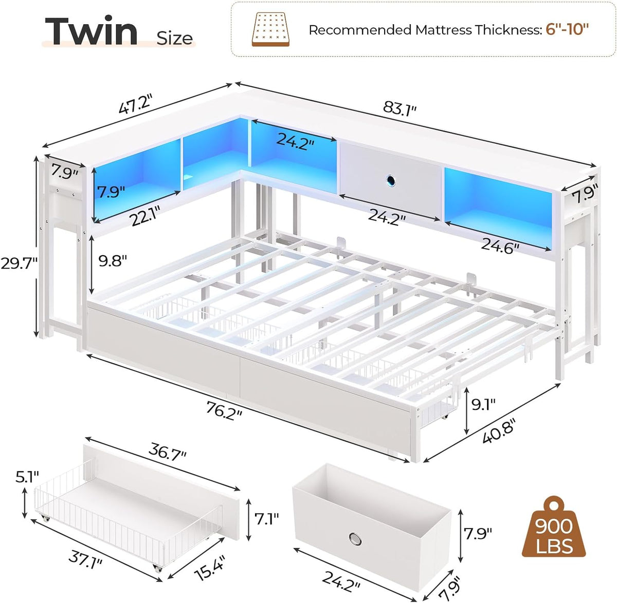 Corner Twin Bed Frame with Storage Drawers and Bookcase Headboard, Twin Size Metal Platform Corner Bed Frame with