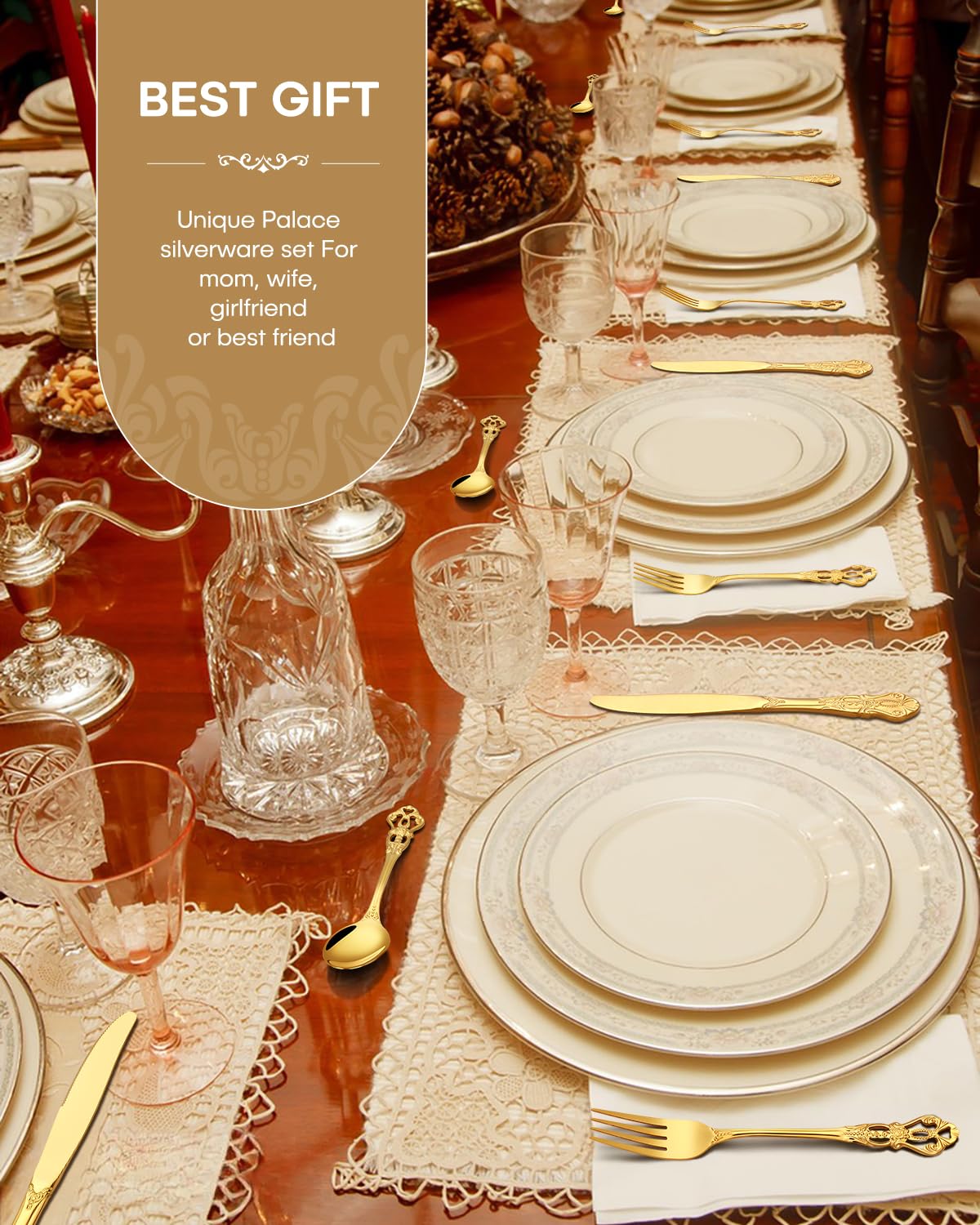 60 Pcs Retro Royal Gold Silverware Set, Stainless Steel Gold Utensils Cutlery Set for 12, Gorgeous Flatware Set