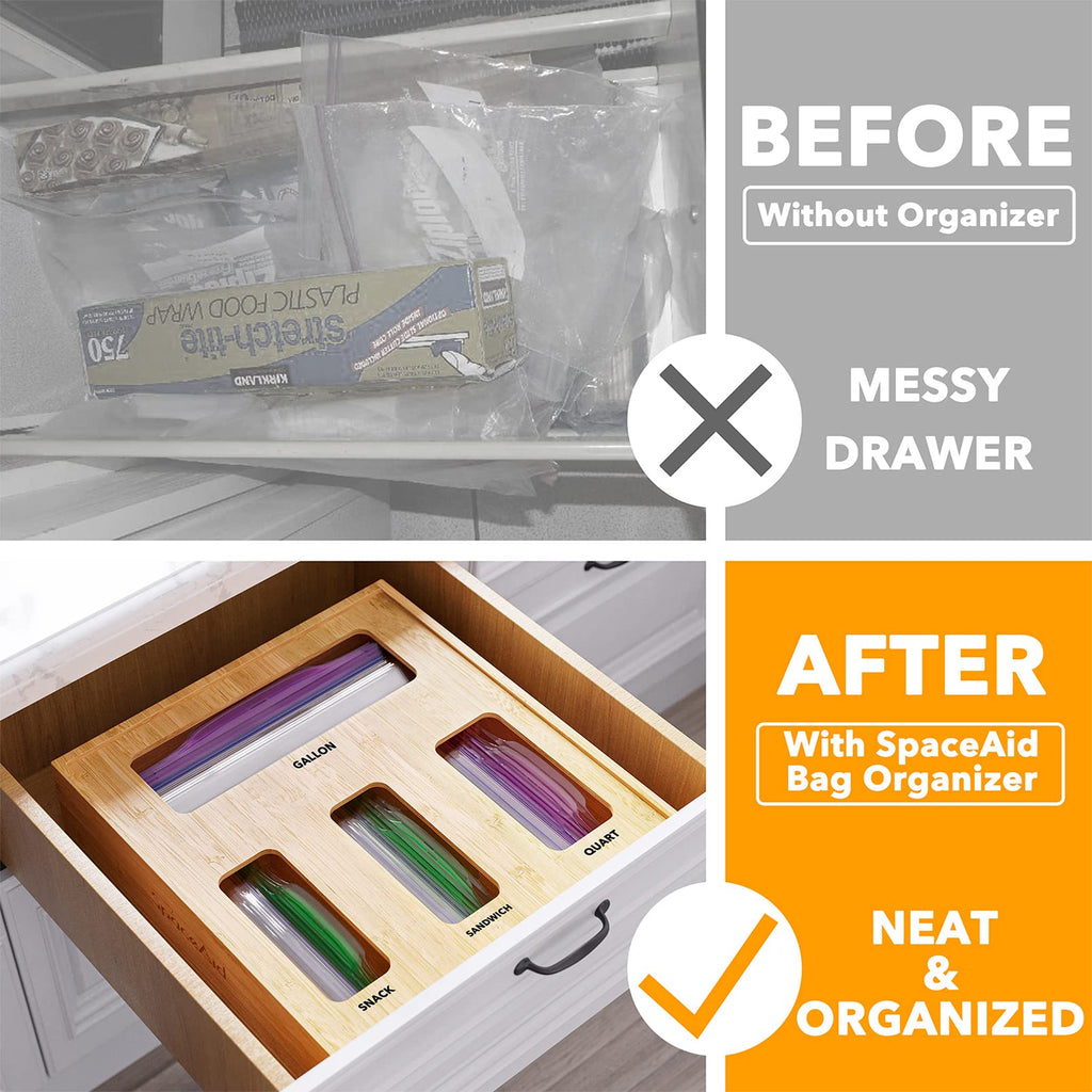 Bag Storage Organizer Drawer, Bamboo Organizer, Compatible with Gallon, Quart, Sandwich and Snack Variety Size Bag (1