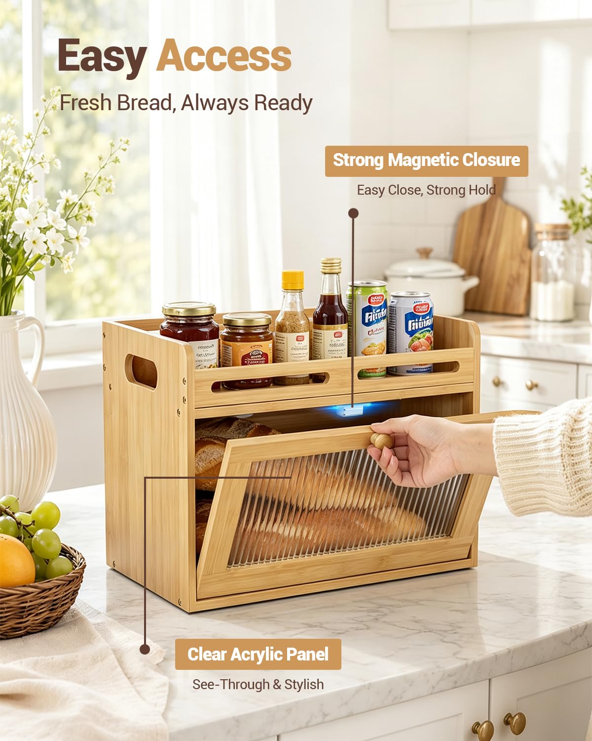 Bread Box - Countertop, Bamboo Storage Container with Top Shelf