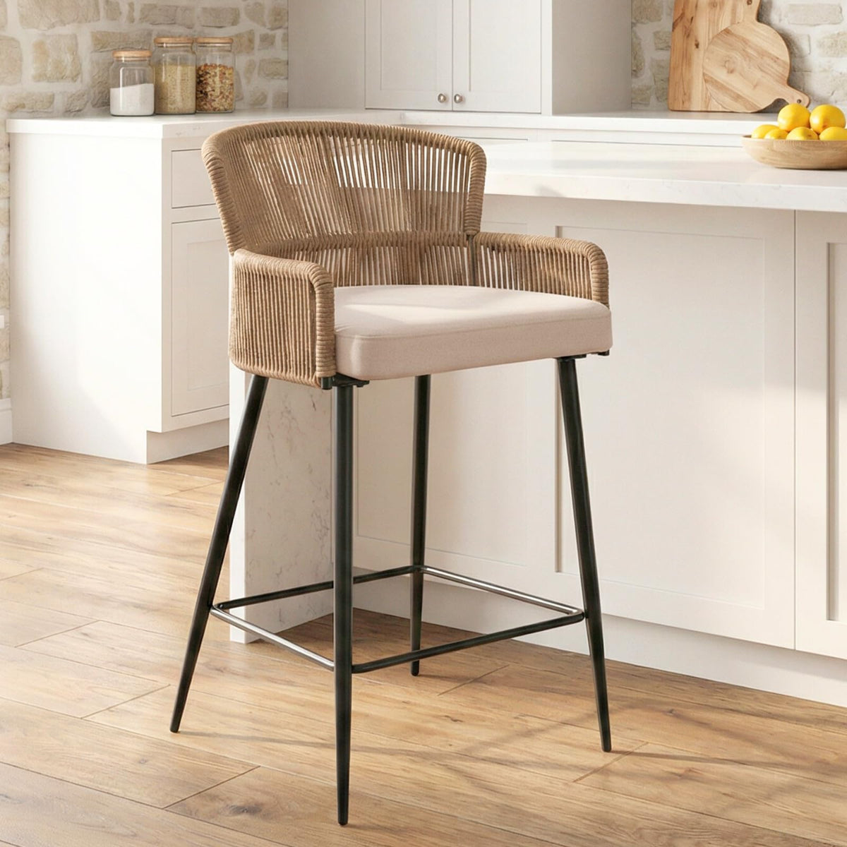 Farmhouse Woven Bar Stool, 26 Inch Linen Upholstered Rattan Barstool with Curved Backs, Modern Cane Counter Height
