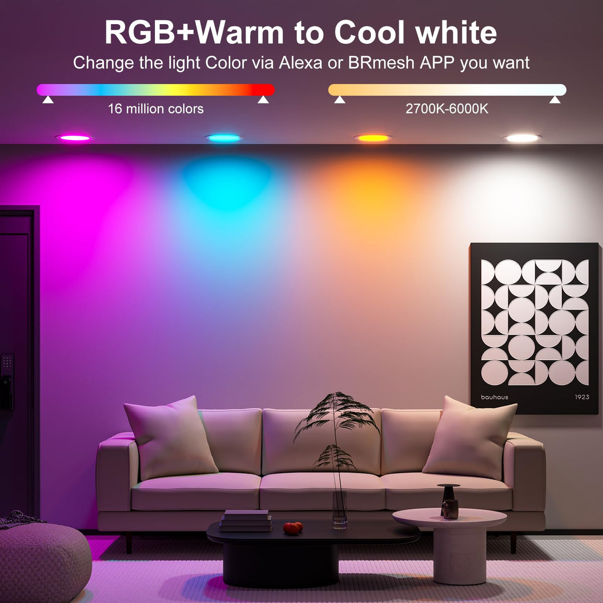 Smart Recessed Lighting 4 Inch RGBCW Color Changing 12W LED Recessed Ceiling Lights with Junction Box,1080LM Canless