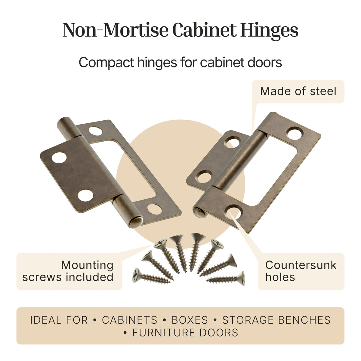 Antique Brass Non-Mortise Hinges - 2" x 11/16" - Pack of 16 - Cabinet Door Hinges - Furniture Hardware - (8)