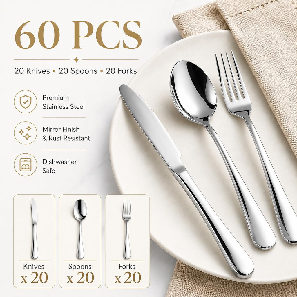 60-Piece Silverware Set for 20, Stainless Steel Flatware, Dishwasher Safe