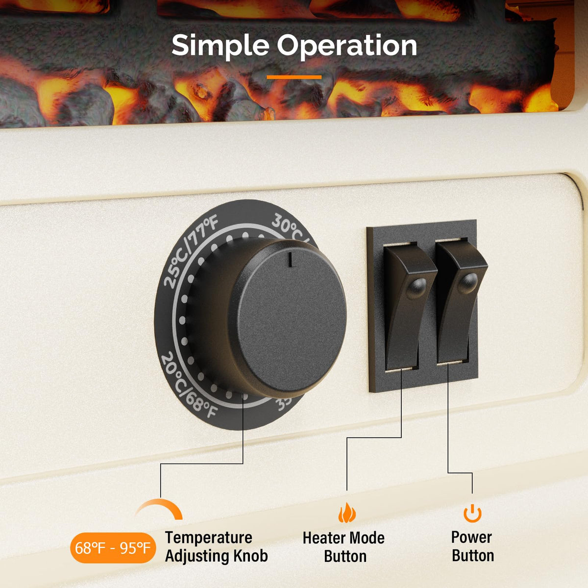 20" H Electric Fireplace Stove Space Heater, 1400W Portable Freestanding with Thermostat, Realistic Flame Logs