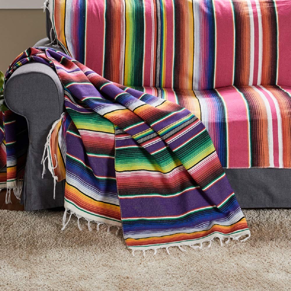 Mexican Serape Blanket, 84 X 59 Inch, Cotton, Rectangular, Rose Pink, Tablecloth, All-Season, Tassel