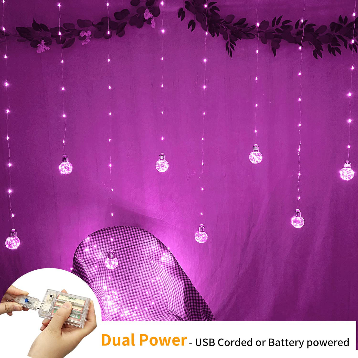 Wishing Ball Curtain Lights 200 LED Window Curtain String Light with Remote, USB Battery Powered Twinkle Globe Fairy