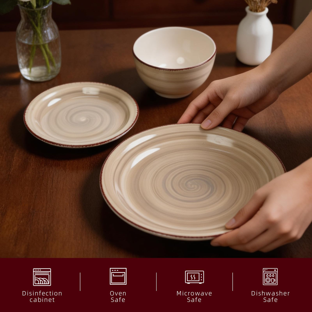 Stoneware Dinnerware Set, 12 Piece Service for 4, Plates and Bowls with 10.5" Dinner Plates, 8" Salad Plates, 5.5"