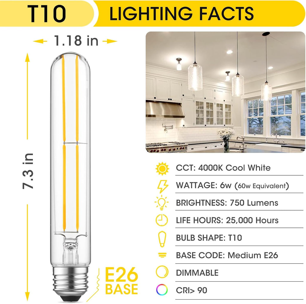 7.3" T10 Tubular LED Light Bulb, 60W Eq, Dimmable, Cool White 4000K, 6-Pack