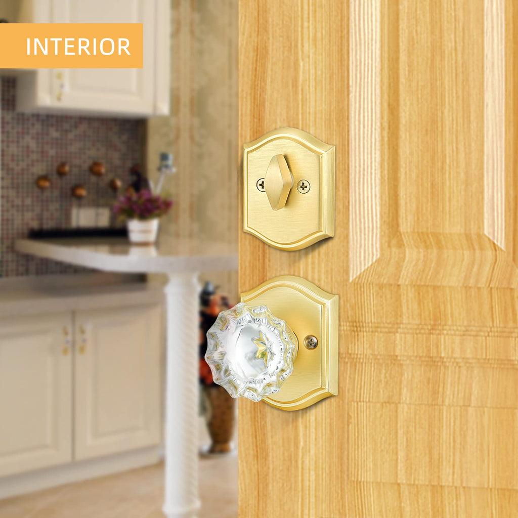 Crystal Glass Passage Door Knob and Single Cylinder Deadbolt Combo Set, Satin Brass Finish, Keyed Alike