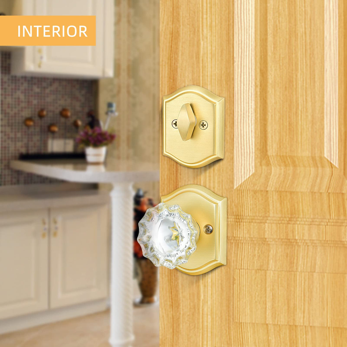 Crystal Glass Passage Door Knob and Single Cylinder Deadbolt Combo Set, Satin Brass Finish, Keyed Alike