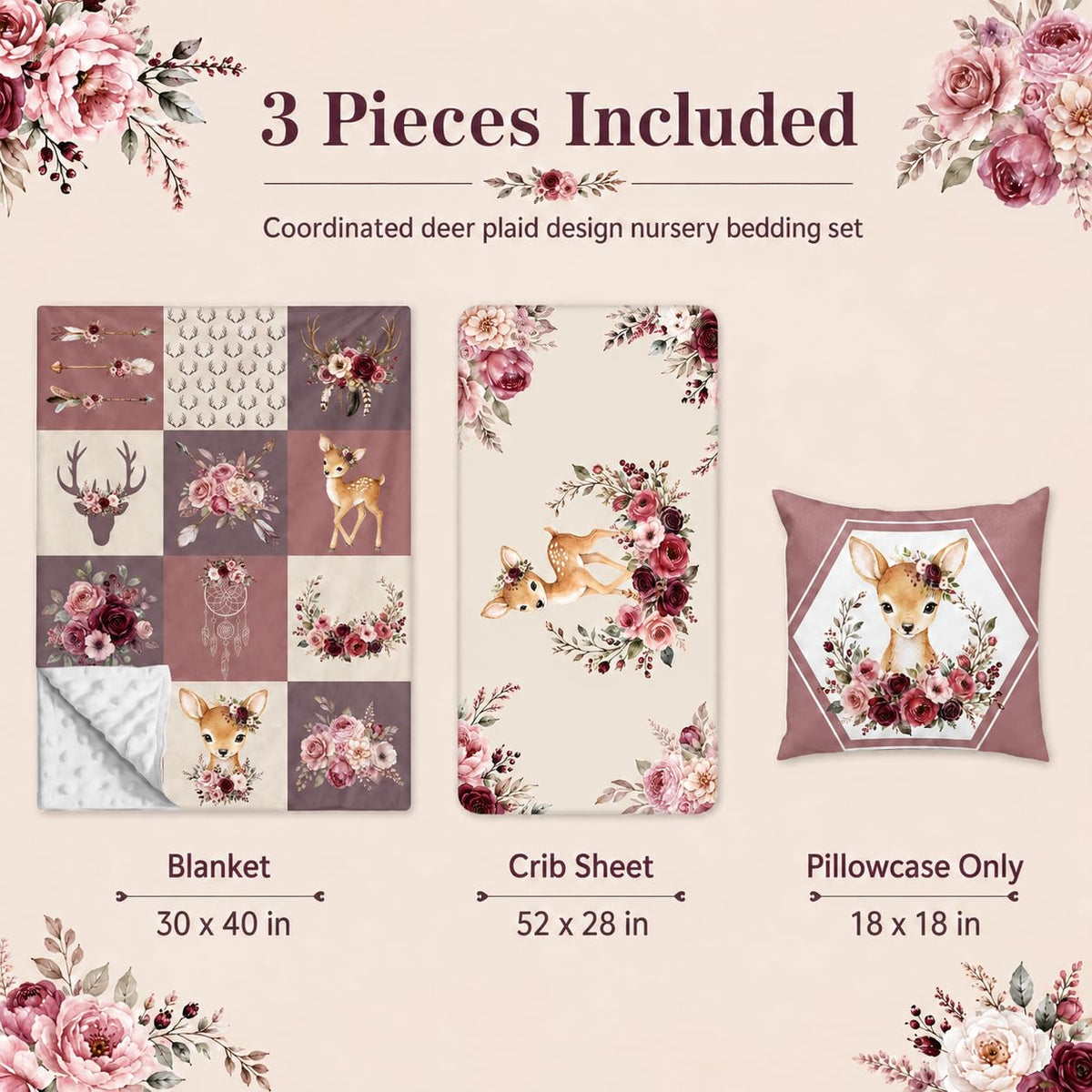 Baby Crib Bedding Set 3 Pcs - Patchwork Deer Crib Bedding Set for Girls - Floral Plaid Nursery Bed Sets Include Soft