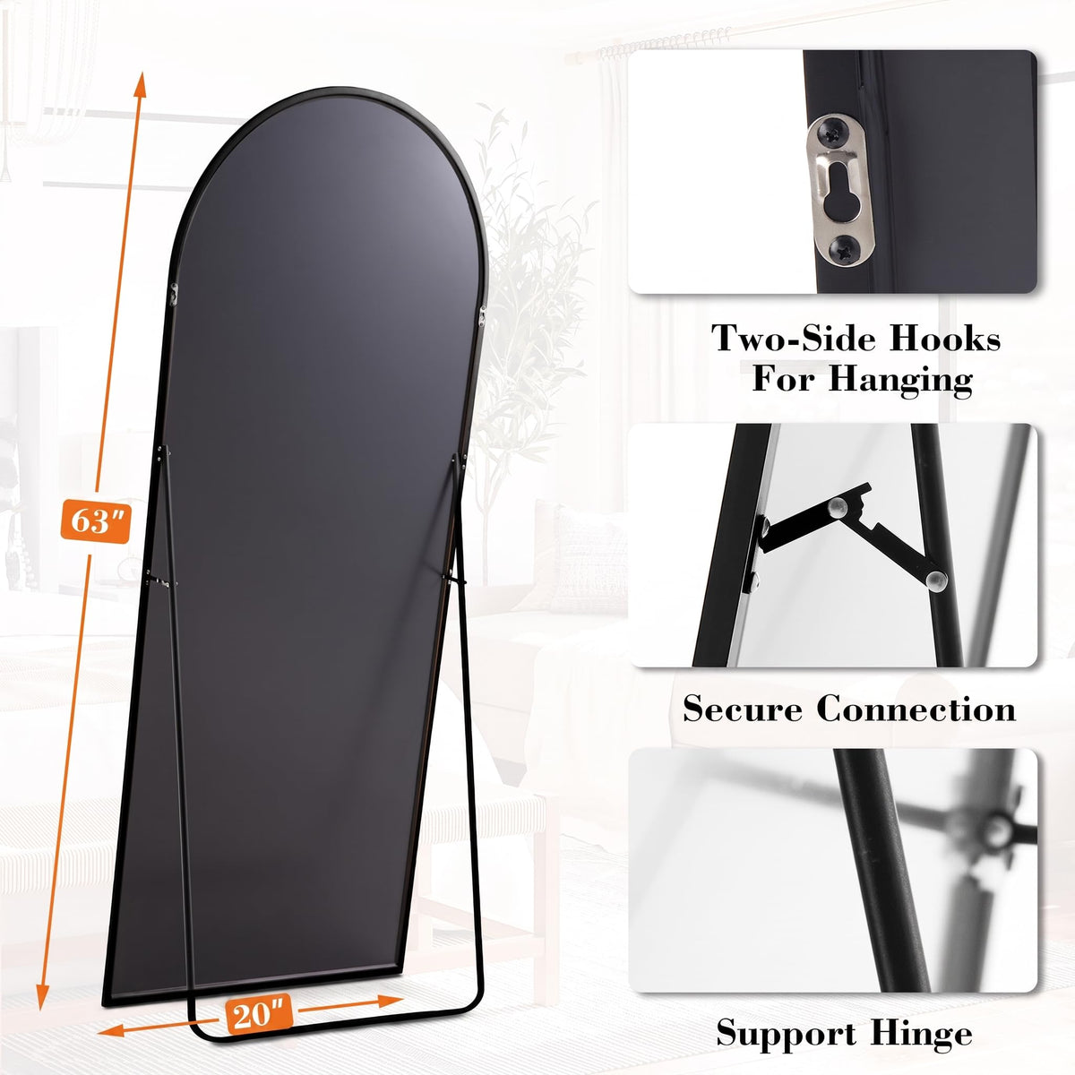 63"x20" Arched Full Length Floor Mirror, Full Body Mirror with Stand