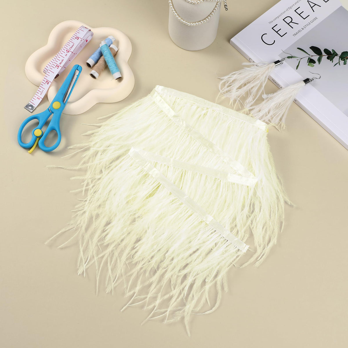 5-7inch Beige Ostrich Feather Trim for DIY Sewing Clothing,2Yards