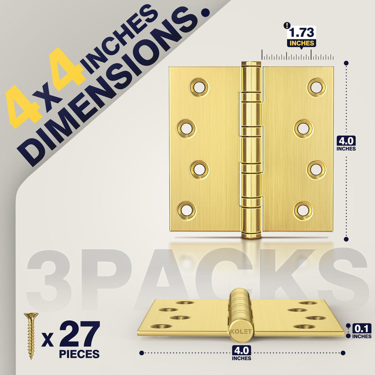 Ball Bearing Door Hinges, 4 x 4 Inches, Brushed Gold, 3 Pack