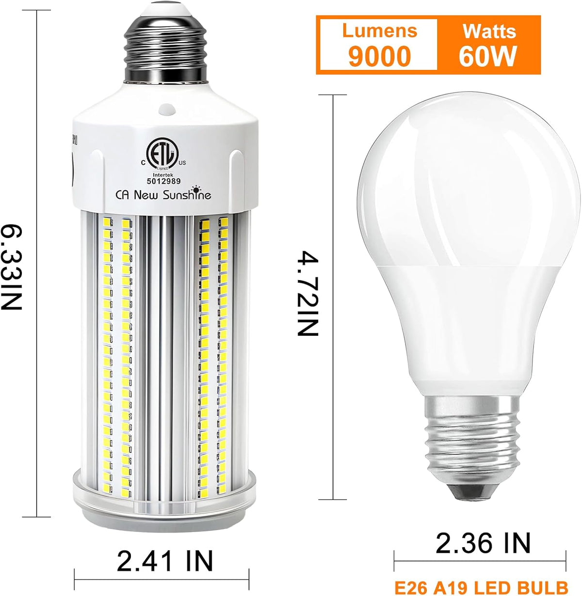 2 Pack 600W Equivalent LED Corn Light Bulb 9000 Lumen 5000K 60W Large Area Daylight White E26/E27 Medium Base