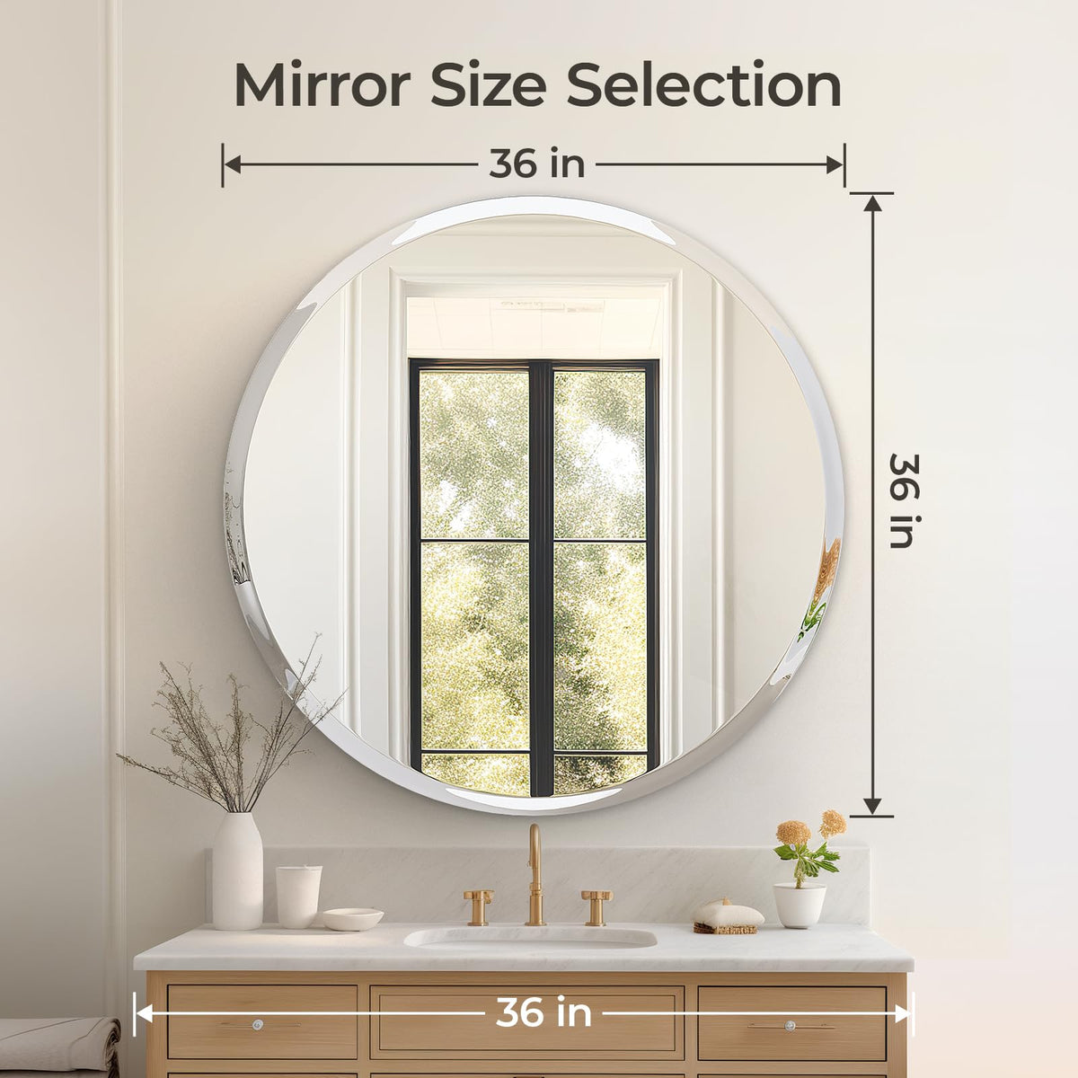 36" Round Frameless Wall Mirror with Beveled Edge