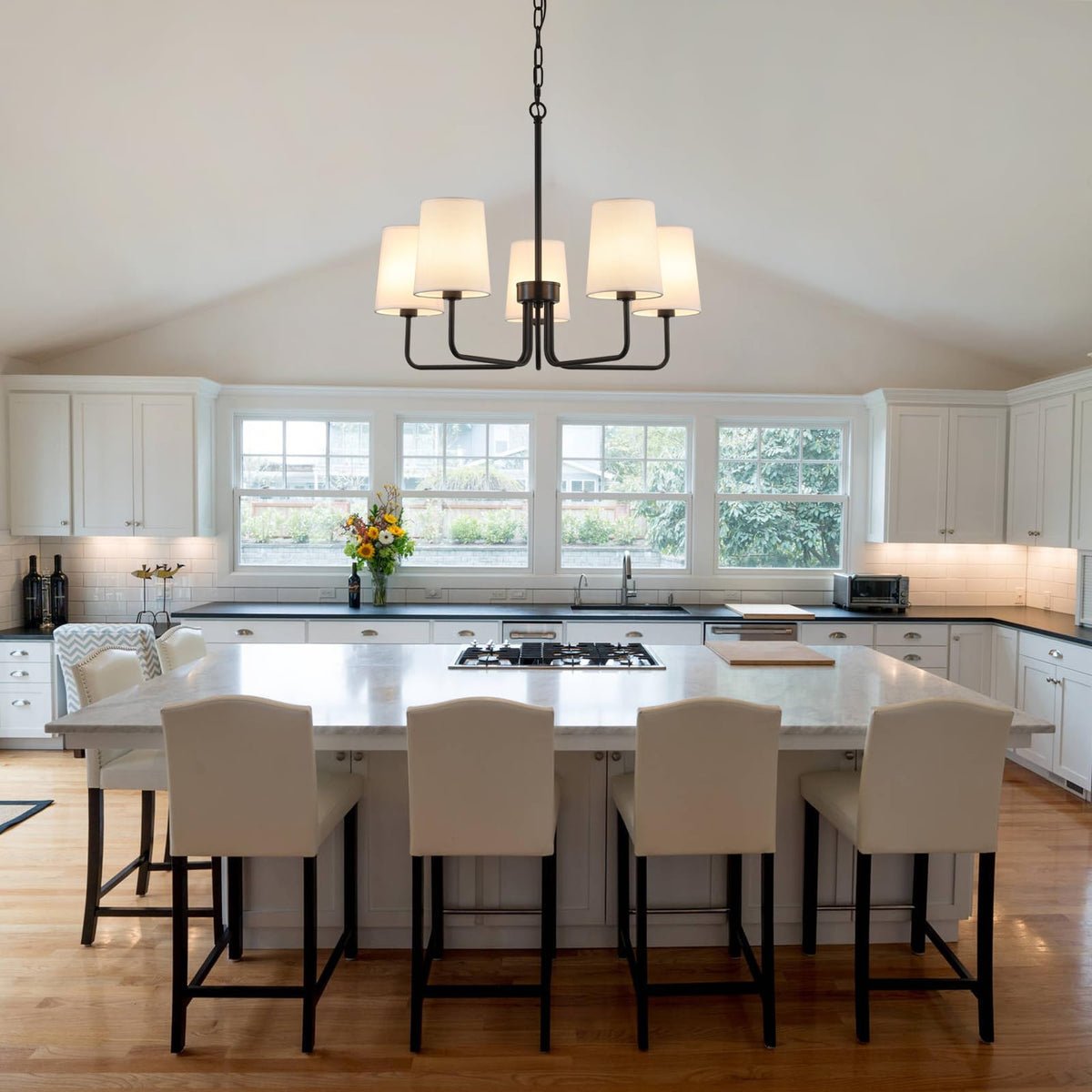 Farmhouse Chandelier, Matte Black with White Fabric Shade, Farmhouse Linear Island Lighting Fixture (5-Light Matte
