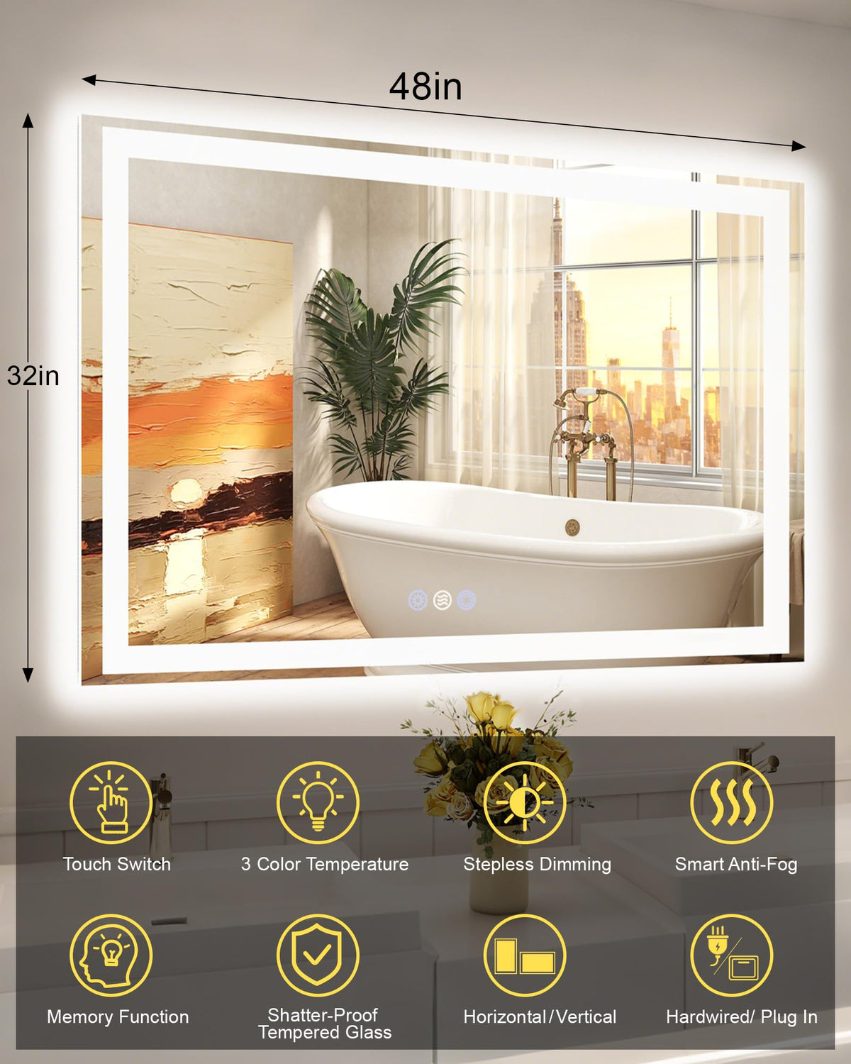 48x32 LED Bathroom Mirror, 6000LM, Separate Front and Back Lights