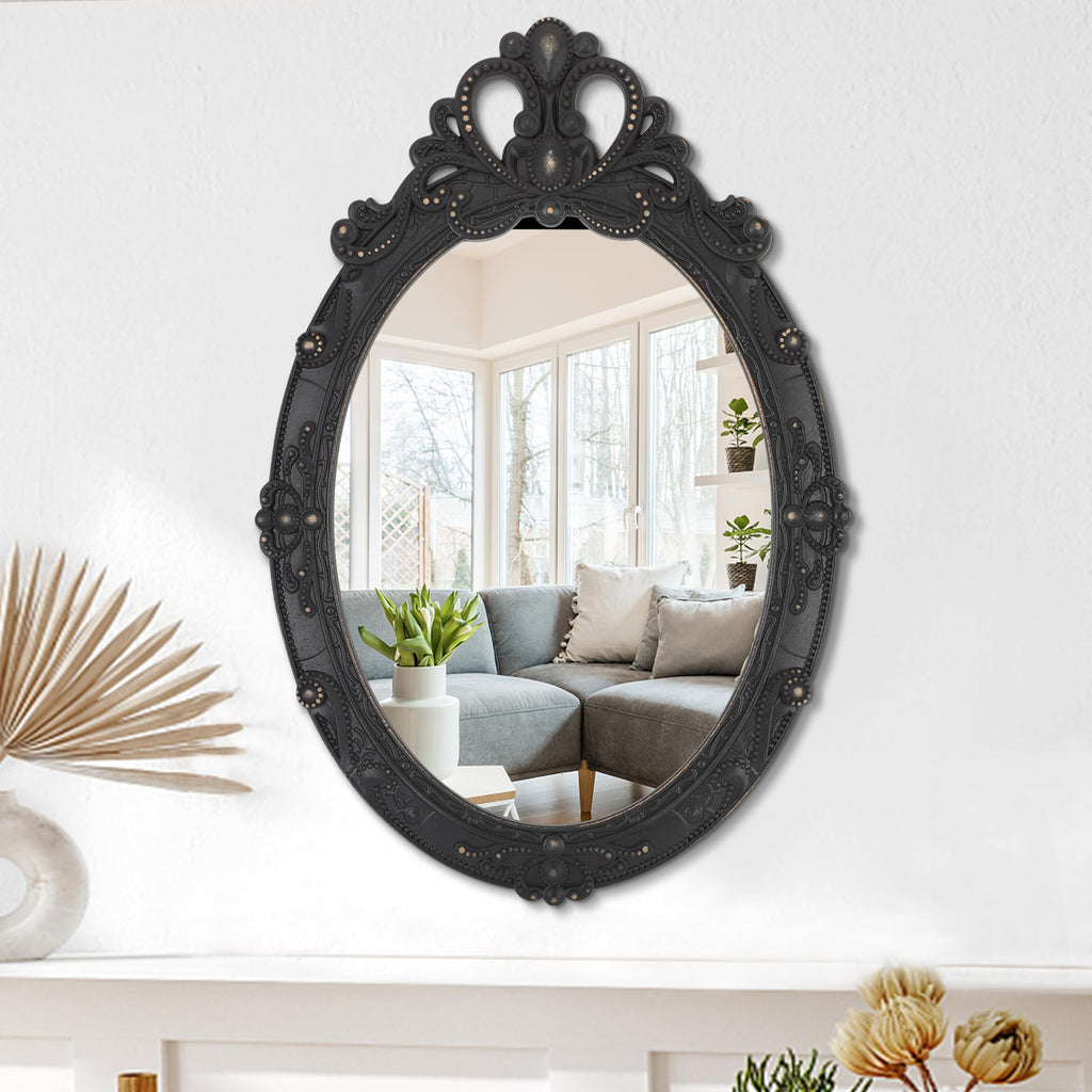 Vintage Black Hanging Mirror, Oval Carved Wood Frame Wall Mounted Mirrors