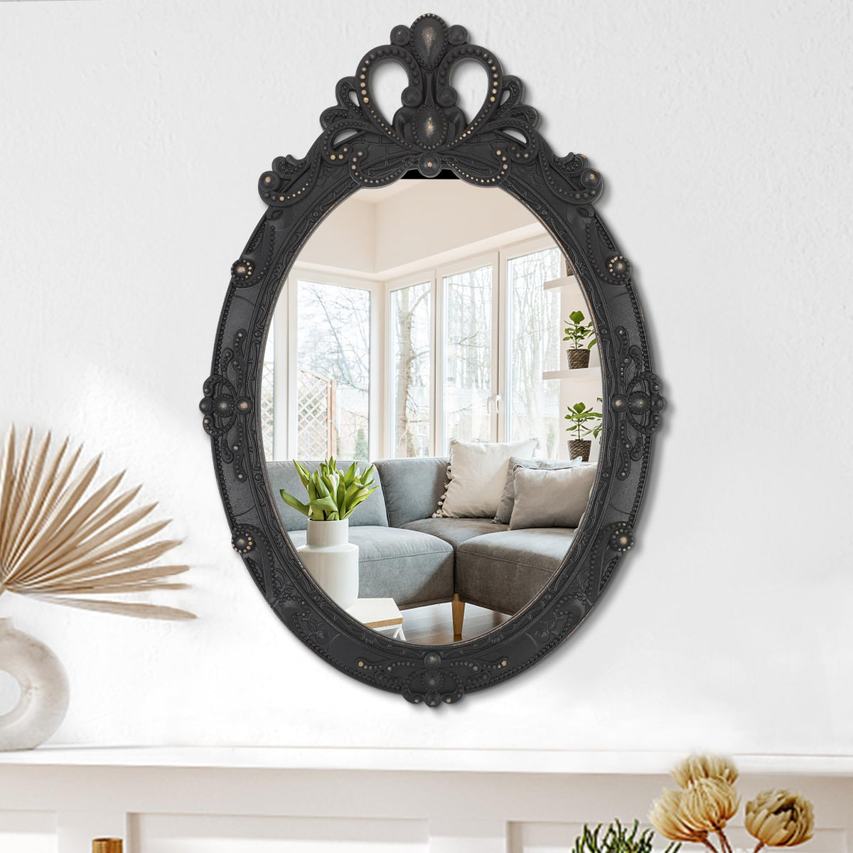 Vintage Black Hanging Mirror, Oval Carved Wood Frame Wall Mounted Mirrors