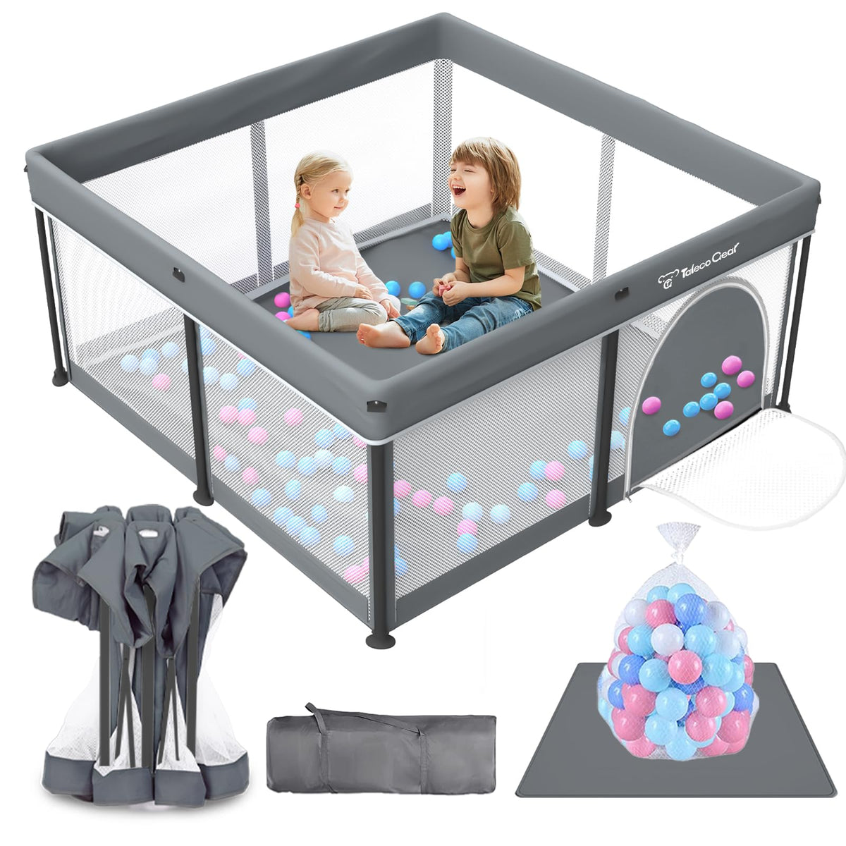 Taleco Gear Foldable Baby Play Pen with Mat, 50''x50'' Playpen for Babies and Toddlers, Playpen for Baby with Gate