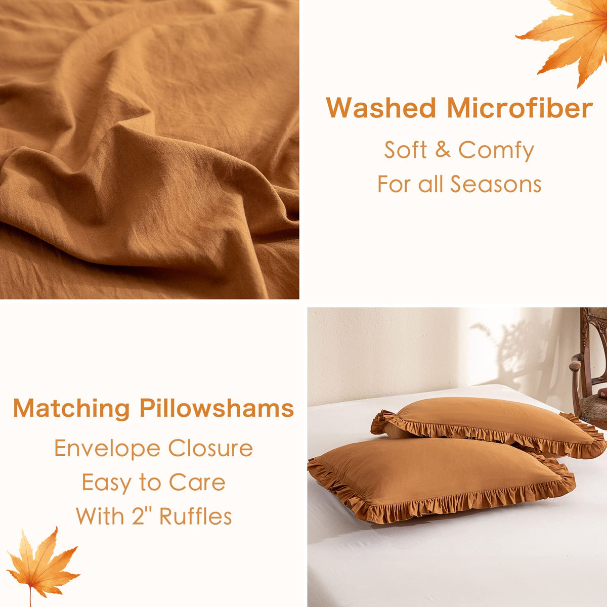 Pumpkin Color Ruffle Comforter Queen Size, Farmhouse Shabby Boho Chic Queen Bedding Comforter Set, 3pcs Ultra Soft