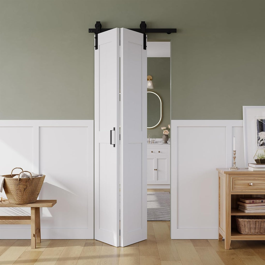 Bifold Barn Door 30" x 84", MDF Bi-Fold Sliding Closet Doors with Hardware Kit Included, Pre-Finished Easy Assembly, Water-Proof PVC Surface & Save Space, H-Frame, 34" Track for 2 Doors,White