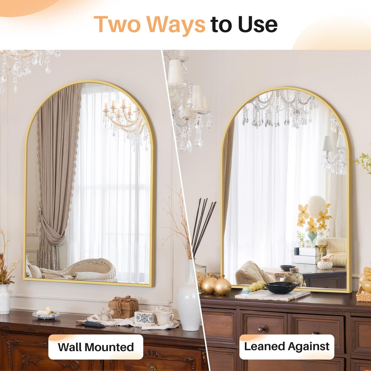 Bathroom Mirror for Wall, 36x24 Inch Arched Mirror, Matte Gold Metal Framed Bathroom Vanity Mirrors for Restroom
