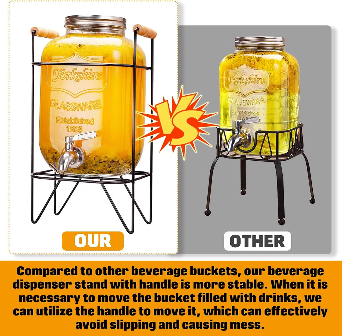 1 Gallon Drink Dispenser With Stand Leak Proof Stainless Steel Faucet Wide Mouth Mason Jar Style Glass Drink